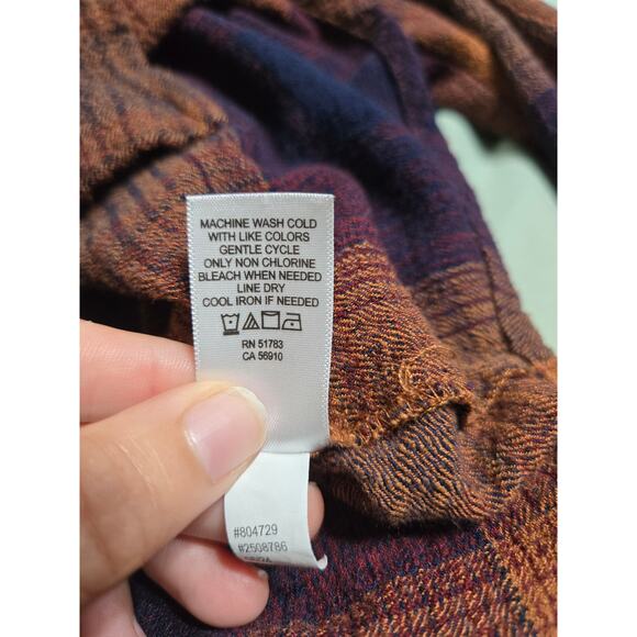 Maurices medium women's golden brown navy blue and orange button up flannel top - Picture 7 of 9